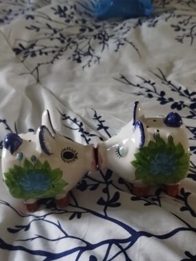Chadwicks White Ceramic Pig Salt & Pepper Set with Blue and Green Floral Details